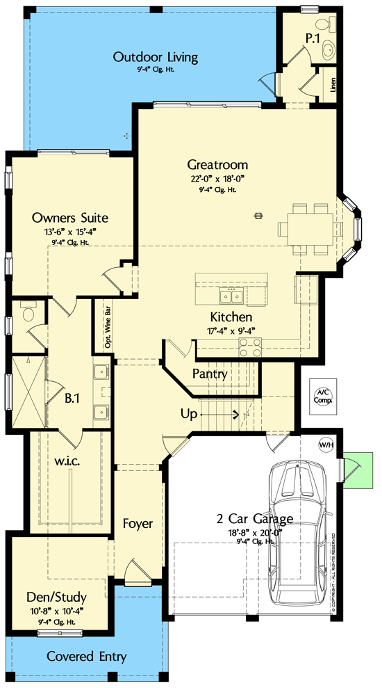 Plan 42053MJ: Contemporary 4-Bed House Plan with First-Floor Master and Loft - Floor Plan - Main Level - Contemporary, Florida-Style, Modern Farmhouse, Transitional