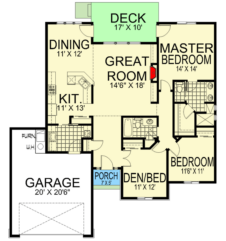 Plan 267094SPK: Craftsman Mountain Ranch House Plan with Den and Main-Level Master - Floor Plan - Main Level - Craftsman, Mountain, New American, Ranch