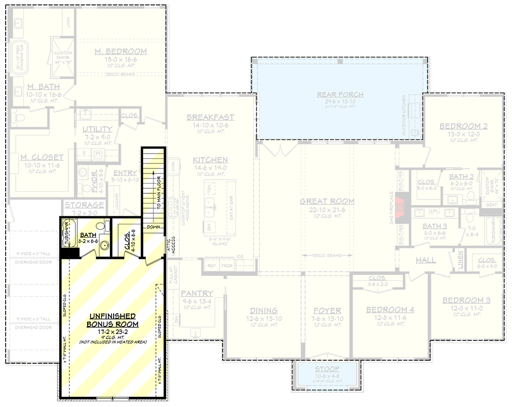 Plan 52019HZ: Spacious 4-Bedroom Transitional House Plan with Bonus Room and Outdoor Kitchen - Floor Plan - Optionally Finished Bonus Room - Modern Farmhouse, Traditional, Transitional