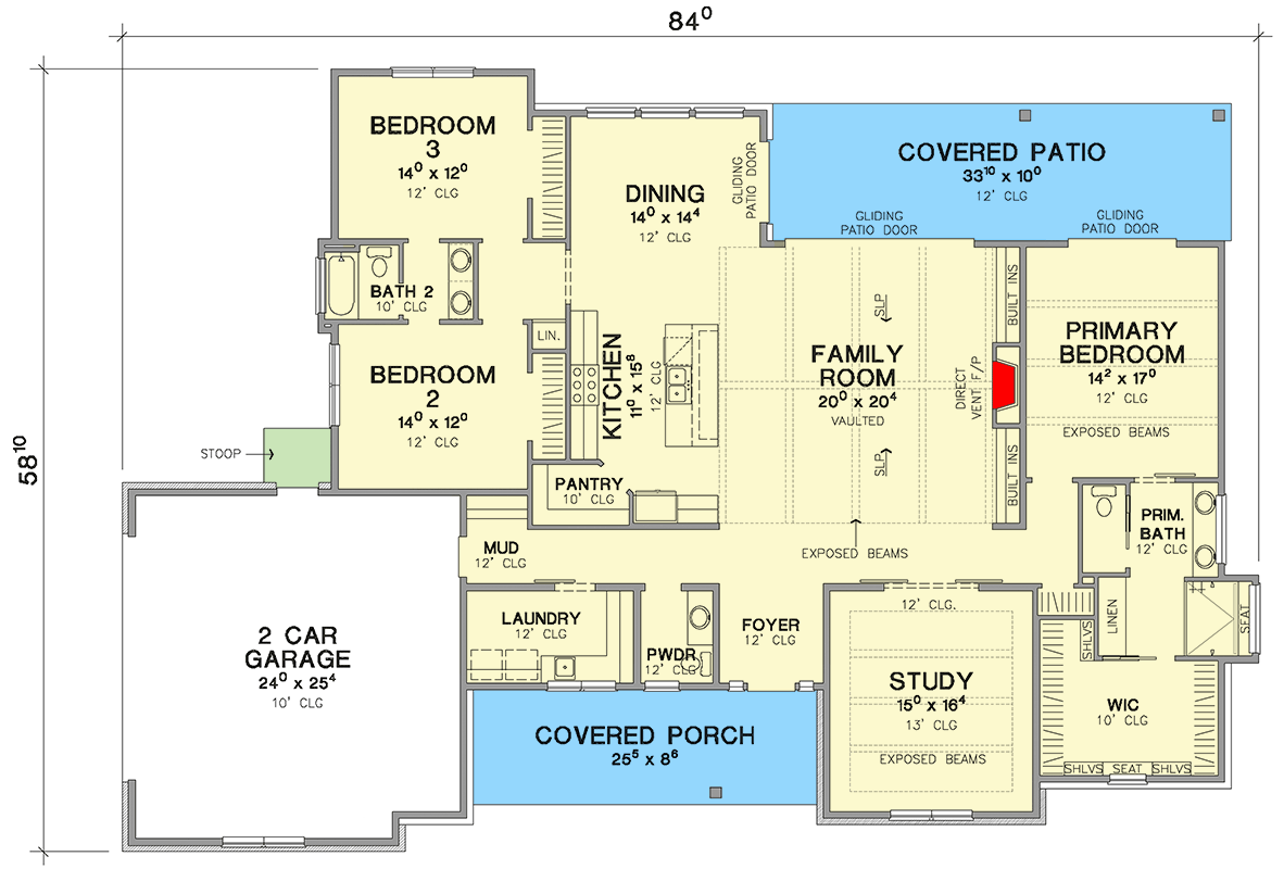 Plan 31229D: Hill Country 3-Bed House Plan with Master on Main and Private Study - Floor Plan - Main Level - Farmhouse, Hill Country, New American