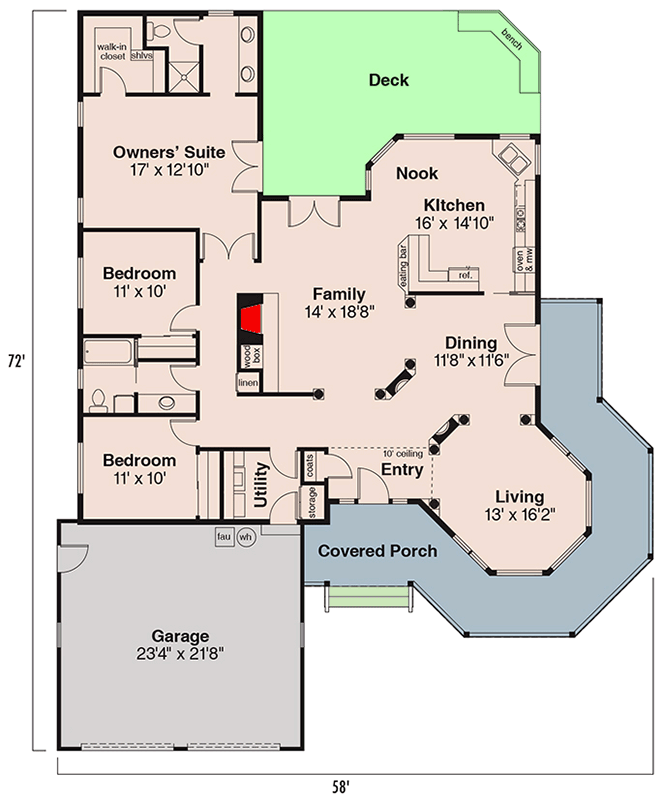 Plan 720161DA: 3-Bedroom Ranch House Plan with Wrap-Around Porch - Floor Plan - Main Level - Country, Ranch, Traditional