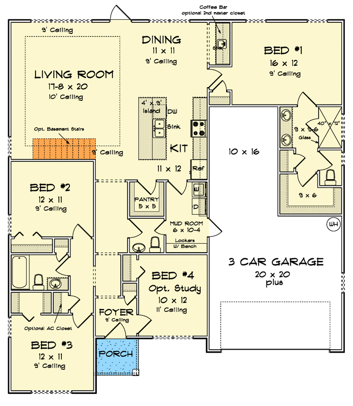 Plan 52481WM: Four-Bed Farmhouse Plan with Split Layout and 3-Car Garage - Floor Plan - Main Level - Cottage, Farmhouse