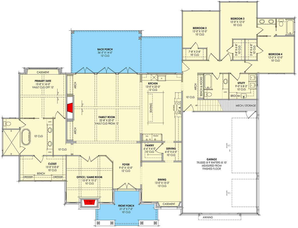 Plan 818182JSS: Luxurious Modern Farmhouse House Plan with Split Beds and Butler Pantry - Floor Plan - Main Level - Farmhouse, Modern Farmhouse