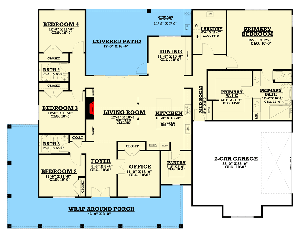 Plan 850014PKE: Modern Farmhouse House Plan with 4 Beds, Office, Outdoor Kitchen - Floor Plan - Main Level - Farmhouse, Modern Farmhouse