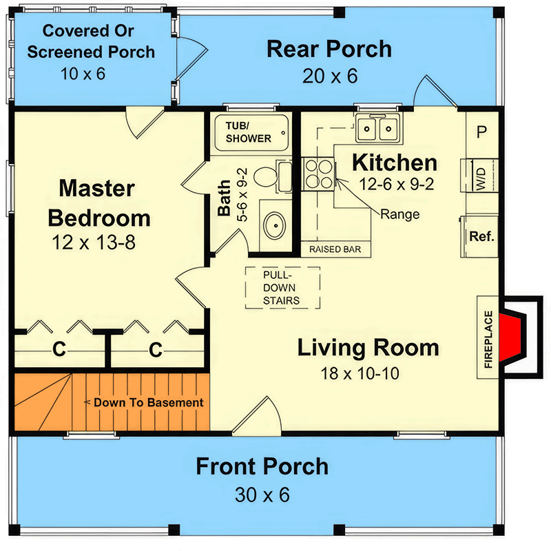 Plan 51327MM: 3-Bedroom Cabin House Plan with Split Layout and Front Porch - Floor Plan - Main Level - Cabin, Country
