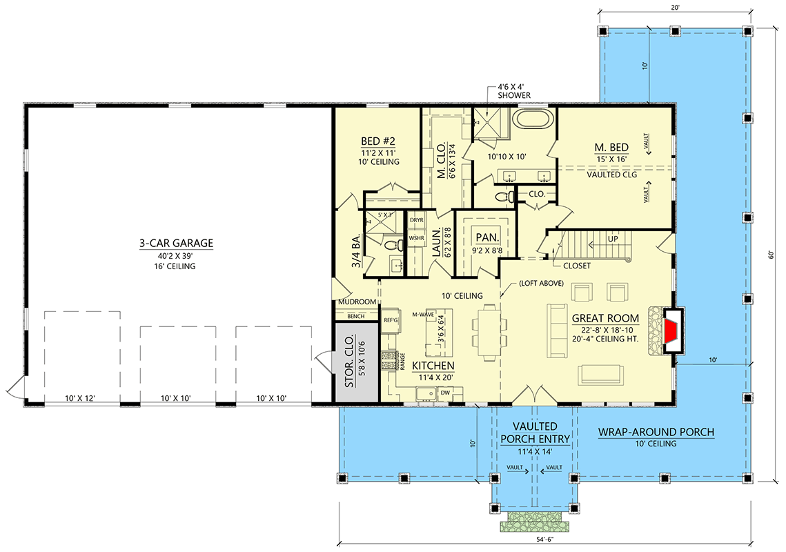 Plan 56563SM: Grand 4-Bed Barndominium House Plan with RV Garage and Wrap-Around Porch - Floor Plan - Main Level - Barndominium, Farmhouse