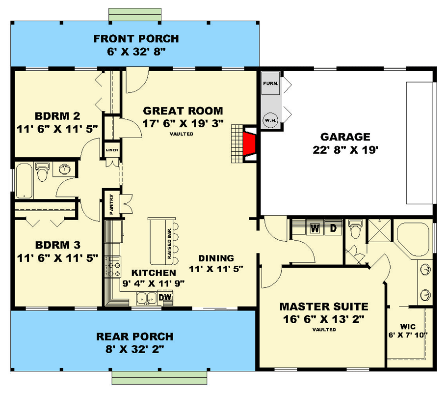 Plan 350186GH: 3-Bedroom Country Ranch House Plan with Split Layout and Covered Porch - Floor Plan - Main Level - Country, Ranch