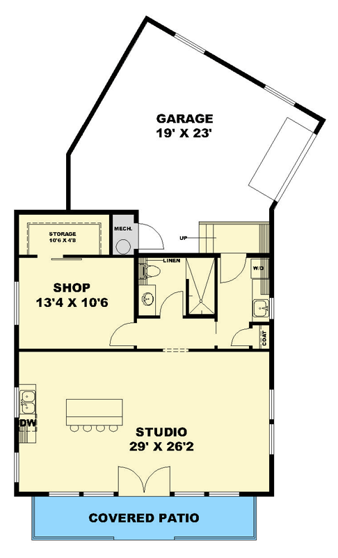 Plan 350189GH: Contemporary Ranch Plan with Angled Garage and Workshop - Floor Plan - Main Level - Contemporary, Ranch