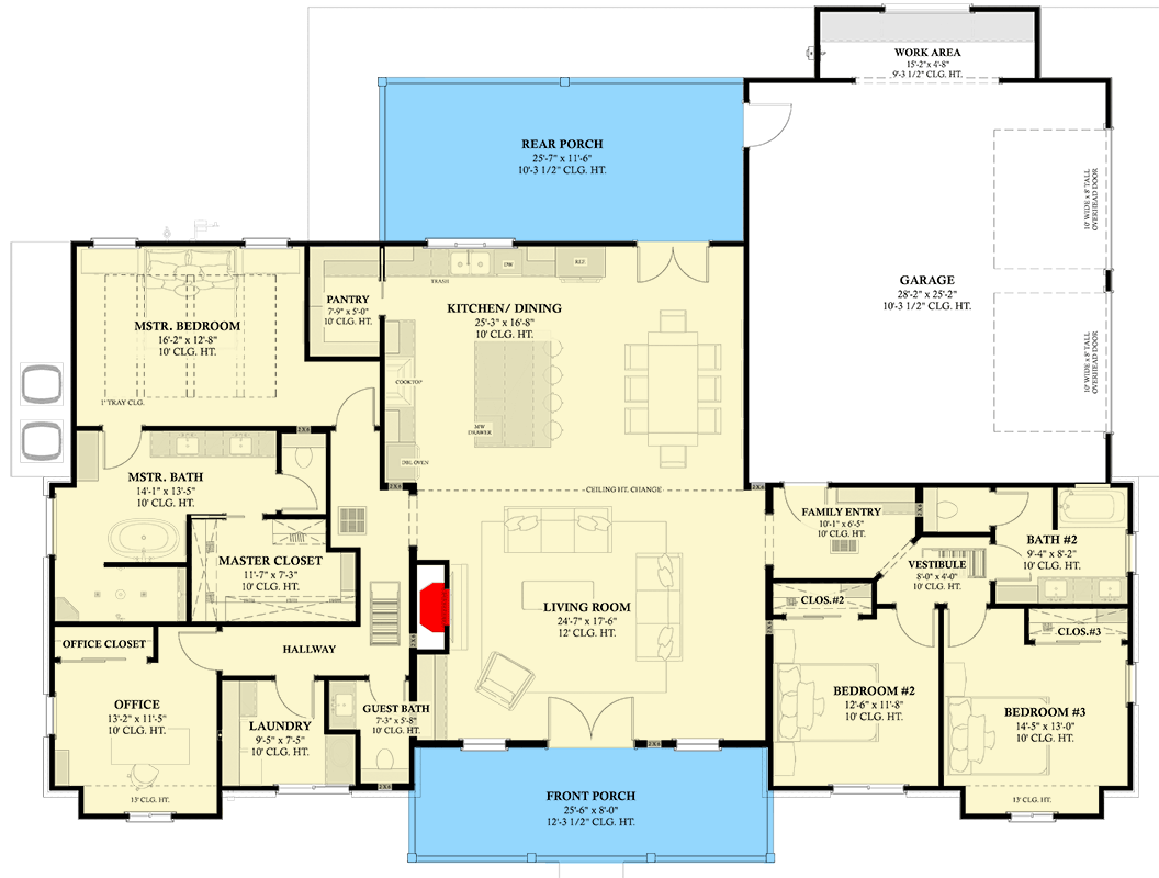 Plan 774001MWK: Transitional Ranch House Plan with Home Office and Workshop - Floor Plan - Main Level - Acadian, Contemporary, Ranch, Southern, Transitional