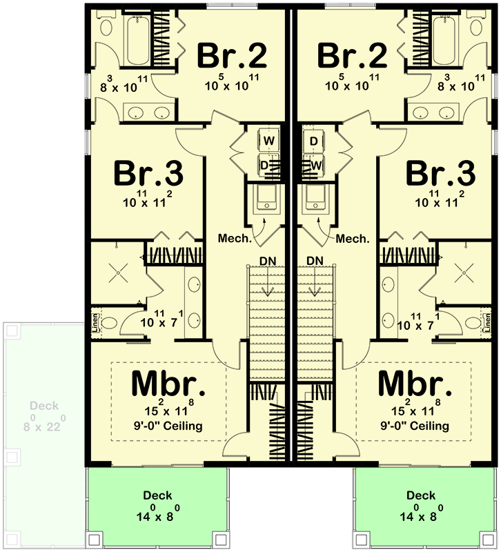 Plan 623565DJ: Coastal Contemporary Duplex House Plan with Three Stories and Multiple Balconies - Floor Plan - 3rd Floor - Coastal Contemporary, Contemporary, Modern