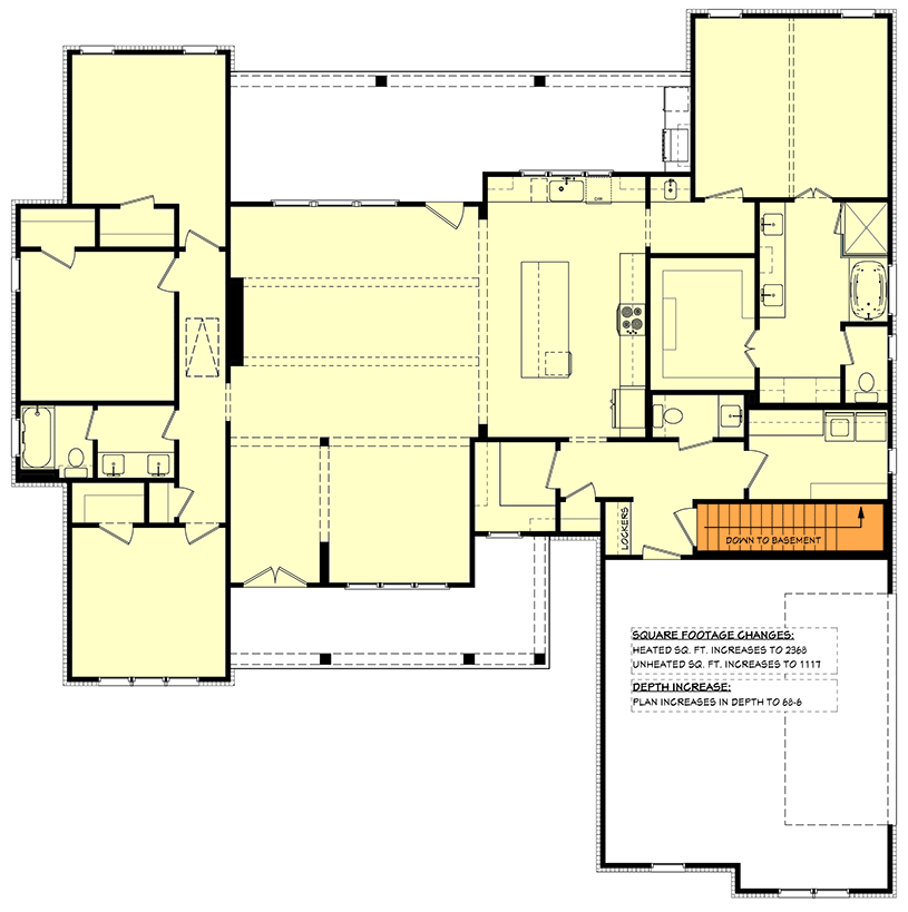 Plan 52020HZ: Elegant 4-Bedroom Modern Farmhouse House Plan with Outdoor Kitchen - Floor Plan - Basement Stairs Location - Country, Farmhouse, Modern Farmhouse, New American, Traditional