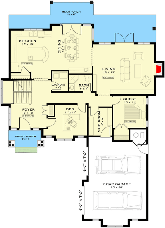 Plan 147052RML: Modern Farmhouse 3 Bed House Plan with Den and Upstairs Master - Floor Plan - Main Level - Modern, Modern Farmhouse, New American