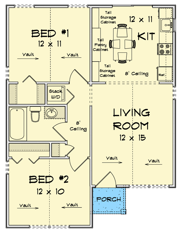 Plan 52486WM: Two-Bedroom Craftsman Cottage House Plan with Vaulted Ceilings - Floor Plan - Main Level - Cabin, Cottage, Country, Craftsman, Traditional, Vacation