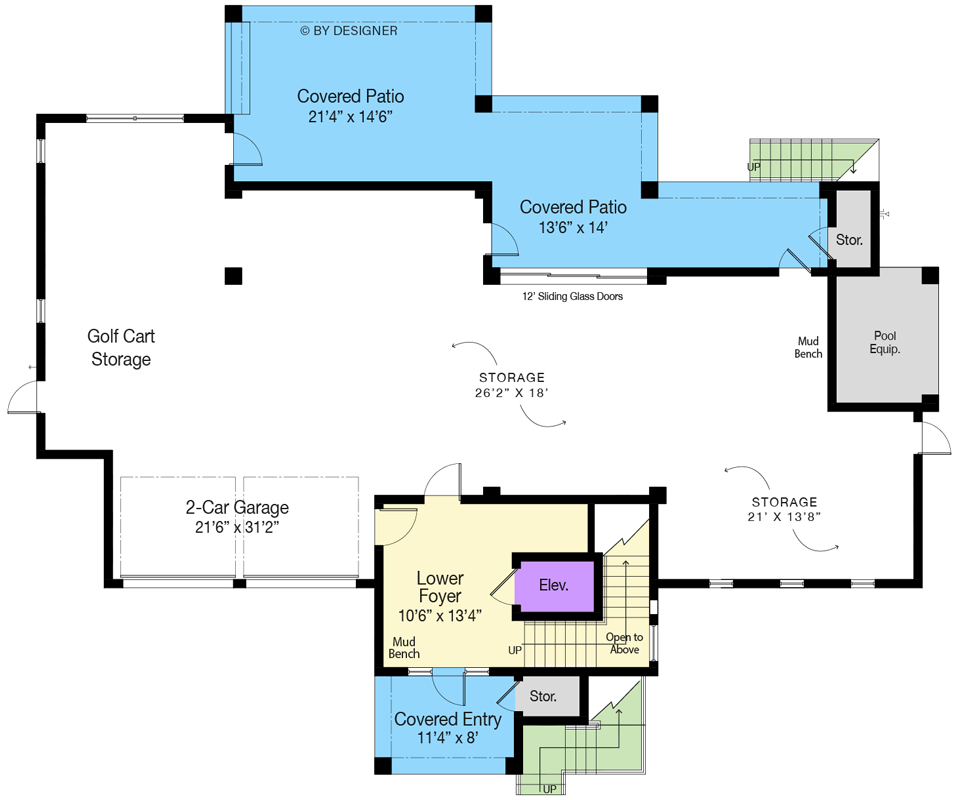 Plan 33279ZR: 4-Bed Coastal Contemporary House Plan with Elevator and Expansive Outdoor Living - Floor Plan - Ground Level - Garage - Coastal, Coastal Contemporary, Florida-Style, New American