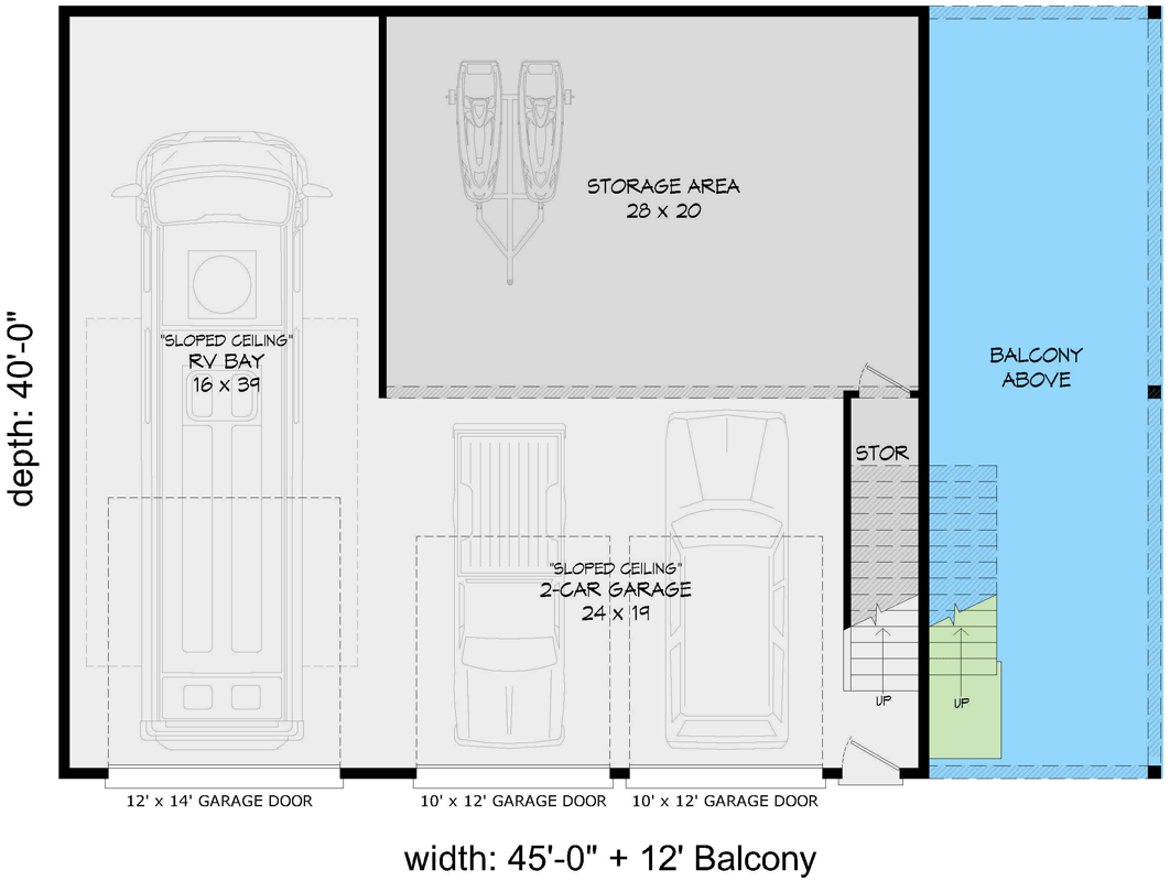 Main level floor plan for RV garage apartment plan 680627VR with 1,800 sq ft 3-bay garage including RV bay