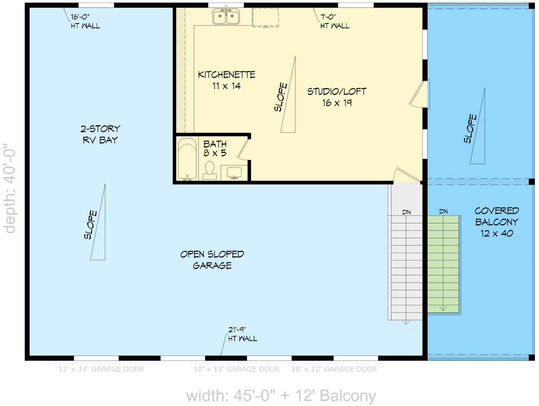 Second floor studio loft floor plan with 577 sq ft living space, kitchenette, full bath, and access to covered balcony
