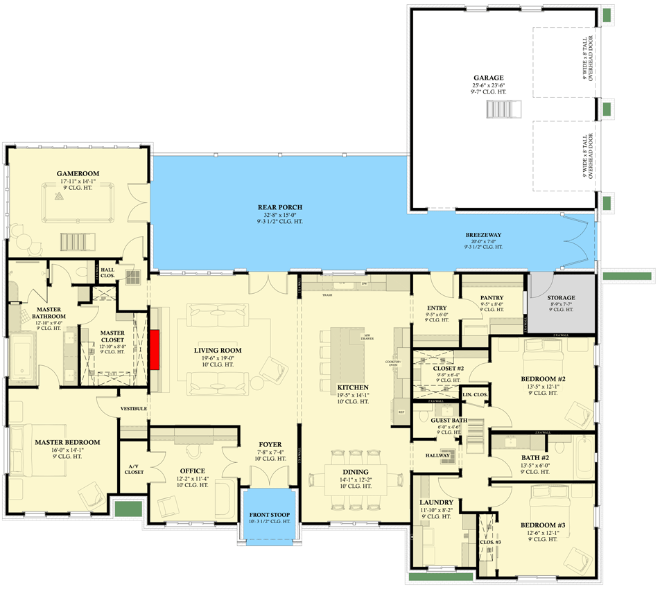 Floor plan of a single-story house featuring a living room, bedrooms, kitchen, and a large rear porch with a breezeway.