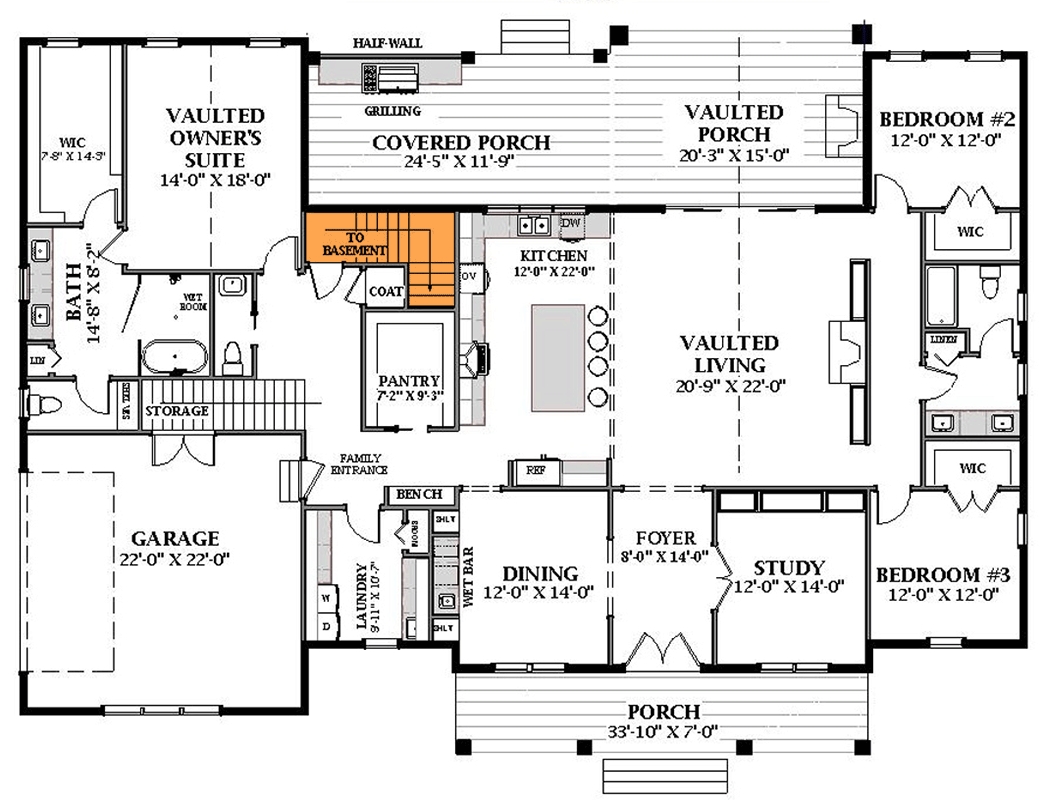 Plan 46532LA: Elegant Modern Farmhouse House Plan with Private Apartment and Outdoor Kitchen - Floor Plan - Basement Stairs Location - Farmhouse, Modern Farmhouse, New American