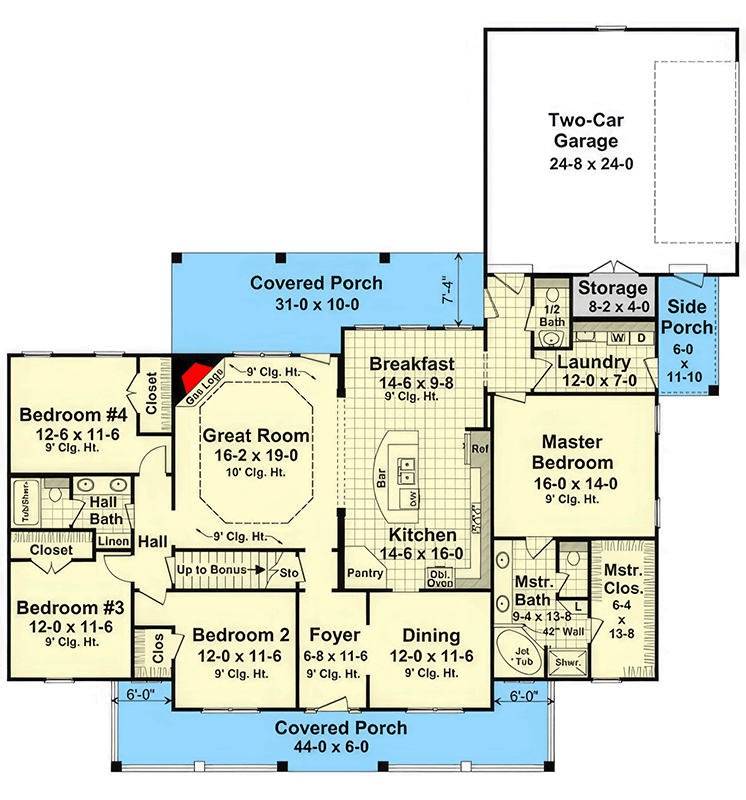 Plan 51338MM: Modern Farmhouse House Plan with Split 4 Beds - Floor Plan - Main Level - Farmhouse, Modern Farmhouse