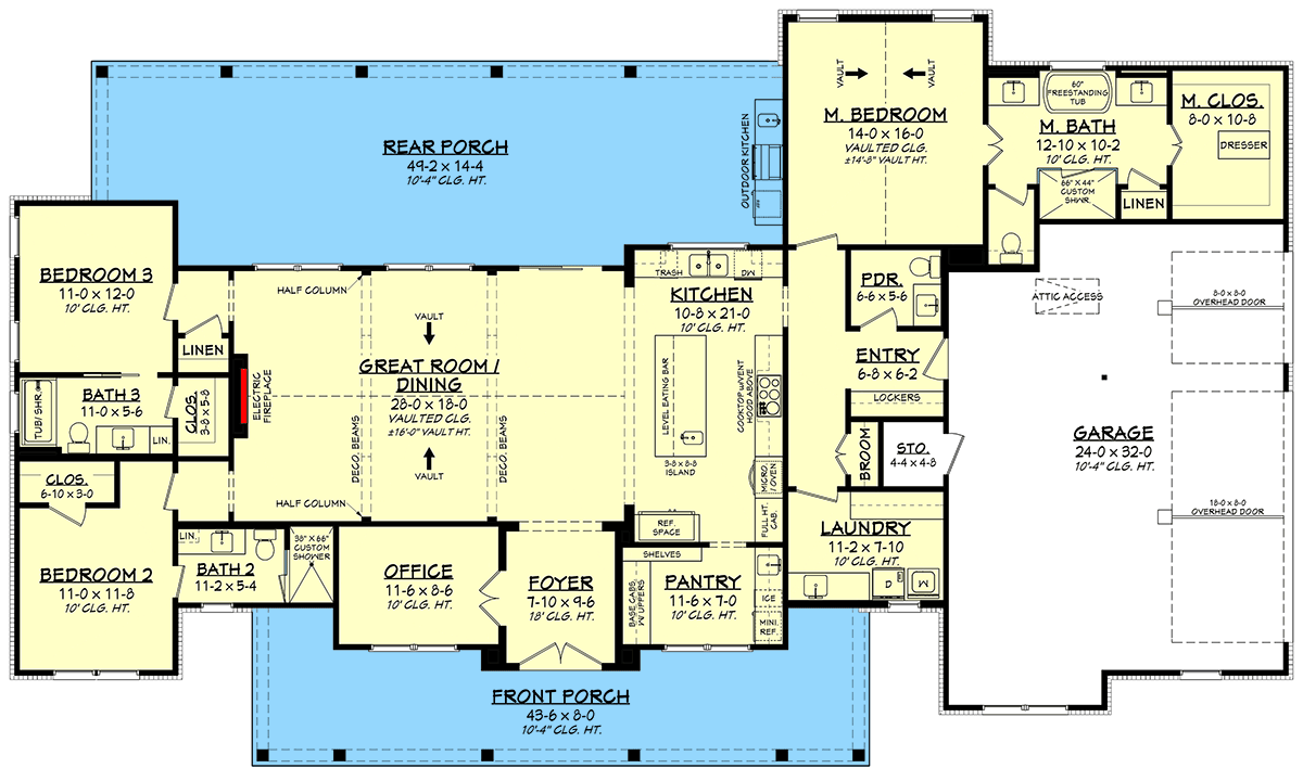 Plan 52021HZ: Expansive Modern Farmhouse House Plan with Home Office and Outdoor Kitchen - Floor Plan - Main Level - Modern Farmhouse, New American, Transitional