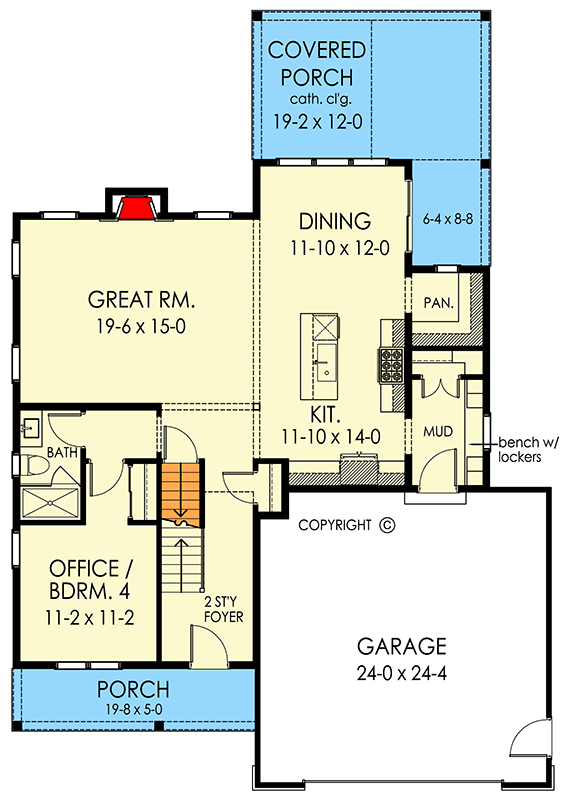 Plan 790173GLV: Modern Farmhouse House Plan with Flexible Office and Dual Porches - Floor Plan - Main Level - Country, Farmhouse, Modern Farmhouse, New American, Traditional