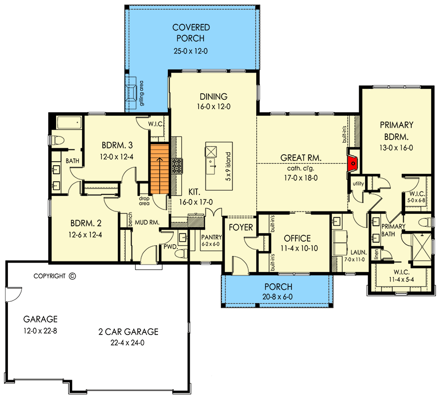 Plan 790175GLV: Elegant 2370 Sq Ft New American Ranch House Plan with Split Bedrooms - Floor Plan - Main Level - Farmhouse, Modern Farmhouse, New American, Ranch