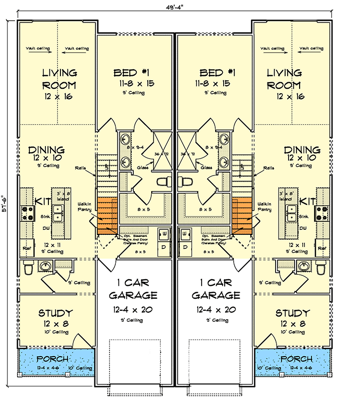 【中古】 Second Storey / Double Divide Plan 52493WM: Versatile Traditional Duplex House Plan: 4 Beds