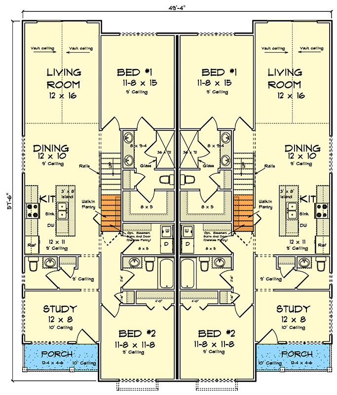 Plan 52494WM: Charming Country Traditional Duplex House Plan with Main-Level Master Suites - Floor Plan - Main Level - Country, Traditional