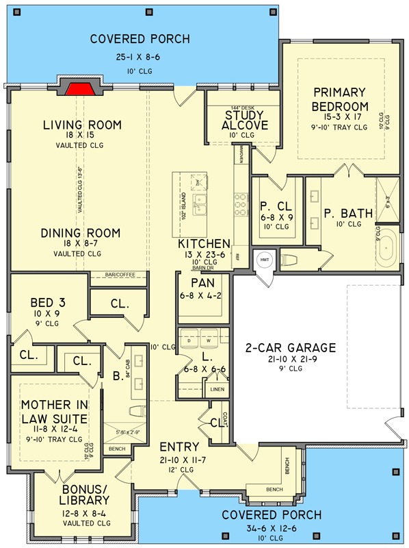 Plan 302013PSK: Elegant French Country House Plan with Split Bedrooms and Grand Porches - Floor Plan - Main Level - French Country, Louisiana-Style, Modern, Southern