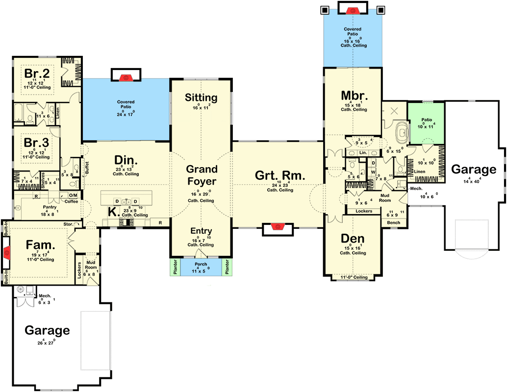 Plan 623568DJ: Grand Contemporary European House Plan with Main-Level Master and Den - Floor Plan - Main Level - Slab Option - Contemporary, European, Transitional