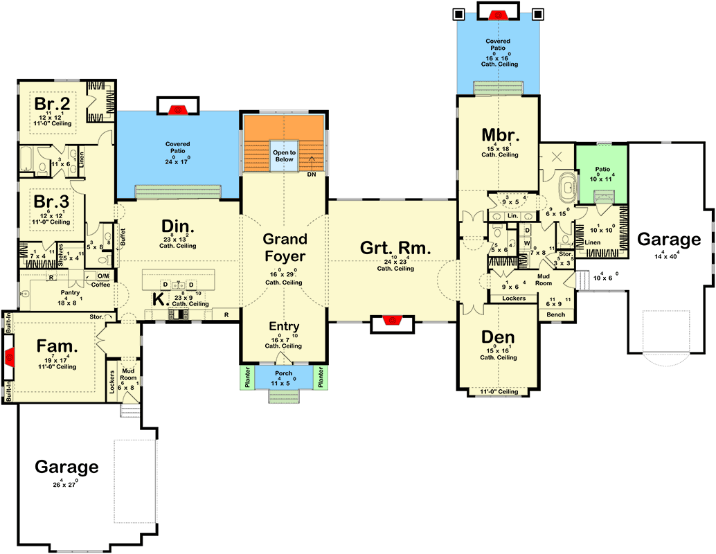 Plan 623568DJ: Grand Contemporary European House Plan with Main-Level Master and Den - Floor Plan - Main Level - Contemporary, European, Transitional