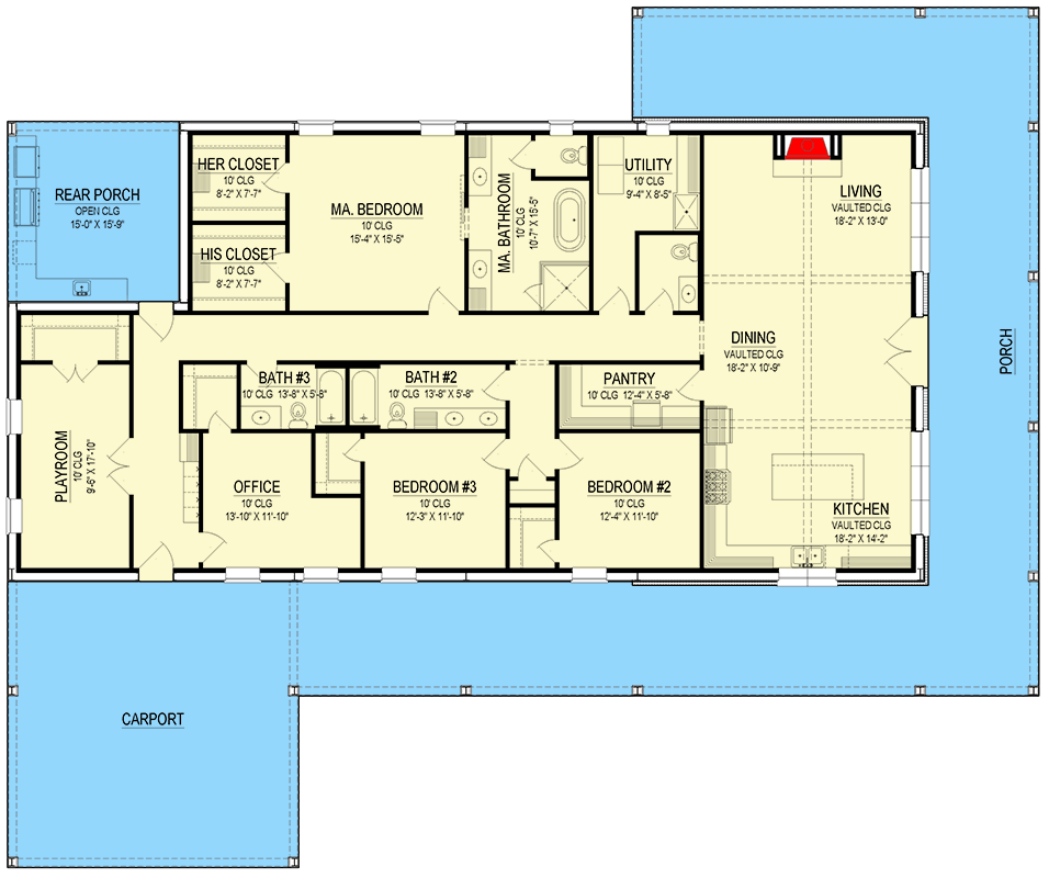 Plan 170012ADS: Modern Farmhouse Barndominium House Plan with Wrap Around Porch and Carport - Floor Plan - Main Level - Barndominium, Country, Farmhouse, Modern Farmhouse, Rustic, Traditional