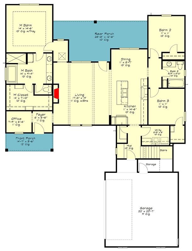 Plan 125010LEW: Elegant 3-Bed Modern Farmhouse House Plan with Master on Main and Bonus Room - Floor Plan - Main Level - Country, Craftsman, Modern Farmhouse