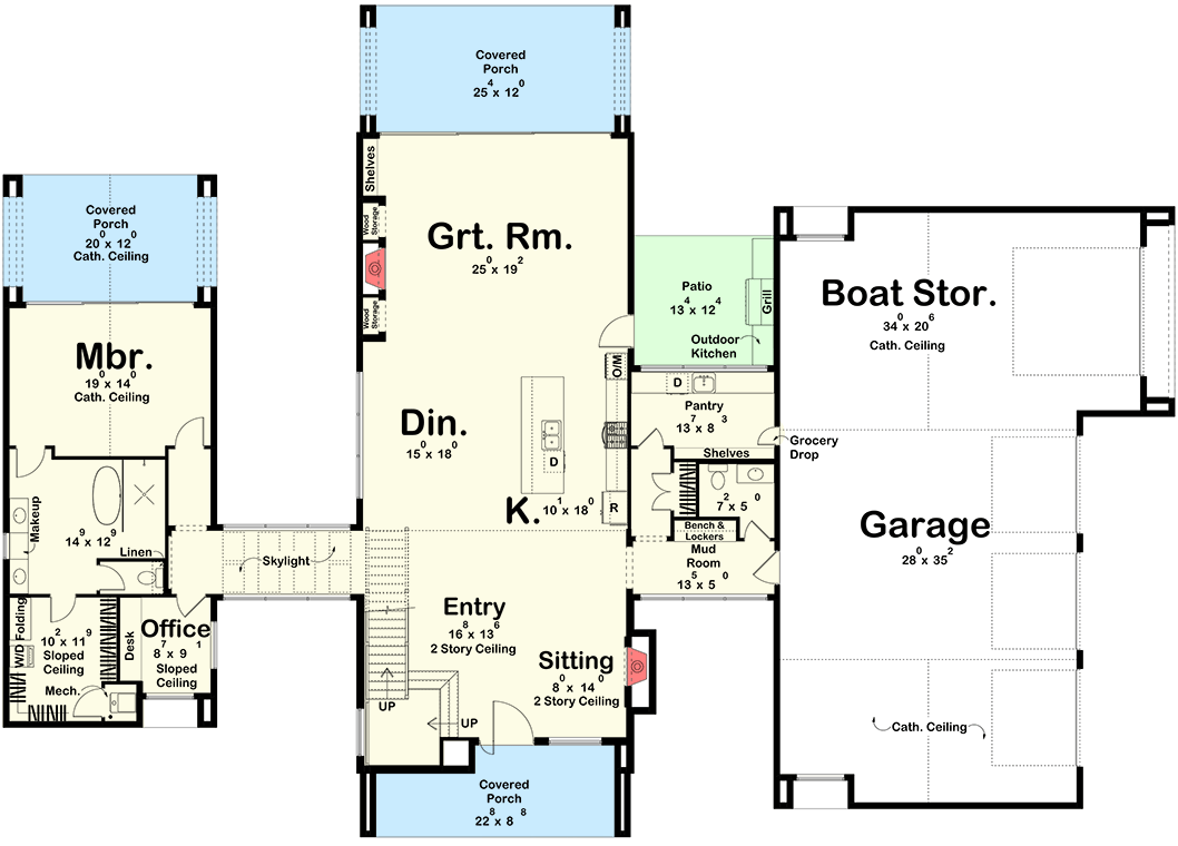 Plan 623571DJ: Striking Contemporary Scandinavian House Plan with RV Garage and Main-Floor Master - Floor Plan - Main Level - Slab Option - Contemporary, Scandinavian