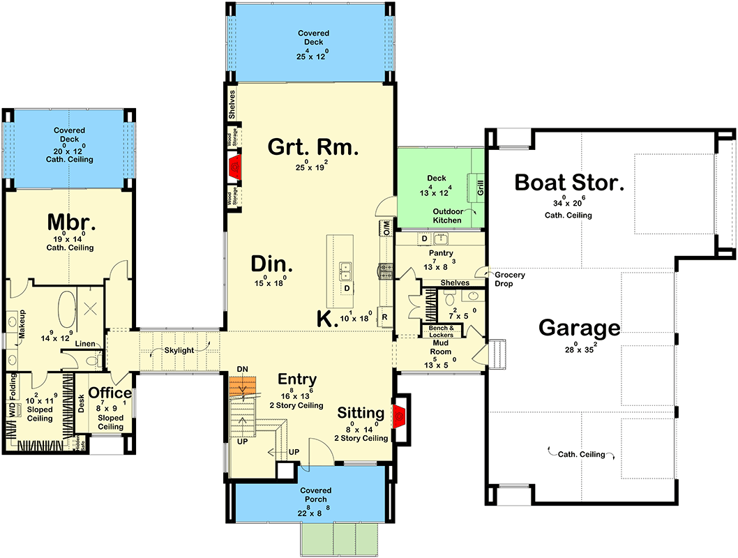 Plan 623571DJ: Striking Contemporary Scandinavian House Plan with RV Garage and Main-Floor Master - Floor Plan - Main Level - Contemporary, Scandinavian