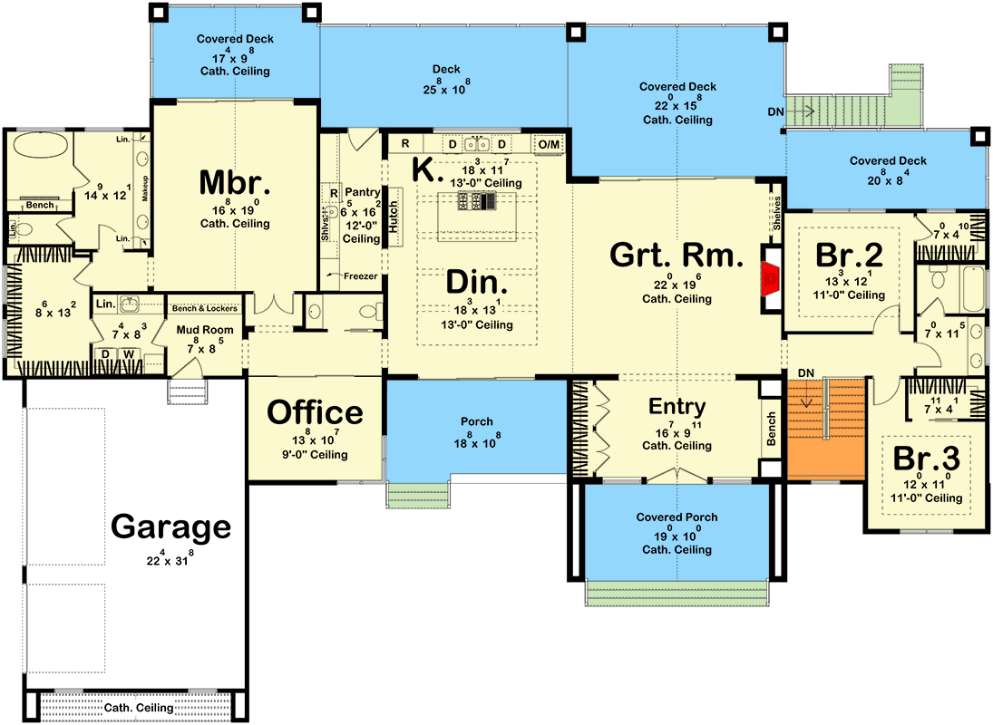 Plan 623574DJ: Contemporary Scandinavian Lake House Plan with Master on Main, 3-Car Garage - Floor Plan - Main Level - Contemporary, Scandinavian