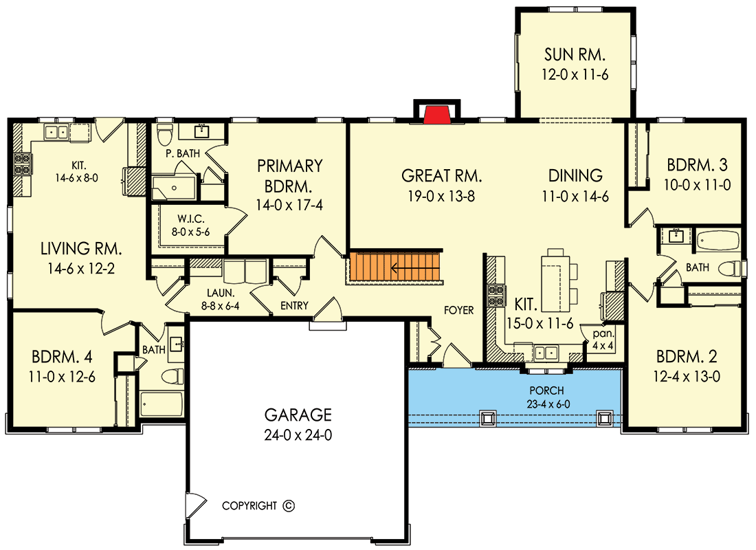 Plan 790176GLV: Spacious Craftsman New American House Plan with 4 Beds, Sunroom, and In-Law Suite - Floor Plan - Main Level - Craftsman, Traditional