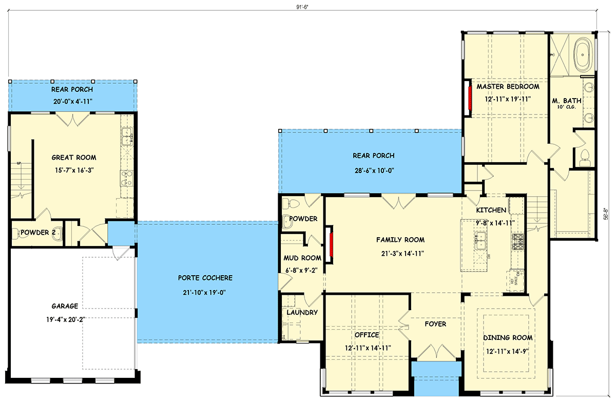 Plan 100362GHR: Stunning 5-Bedroom Contemporary Farmhouse House Plan with Porte Cochere and Guest Wing - Floor Plan - Main Level - Contemporary, Modern Farmhouse