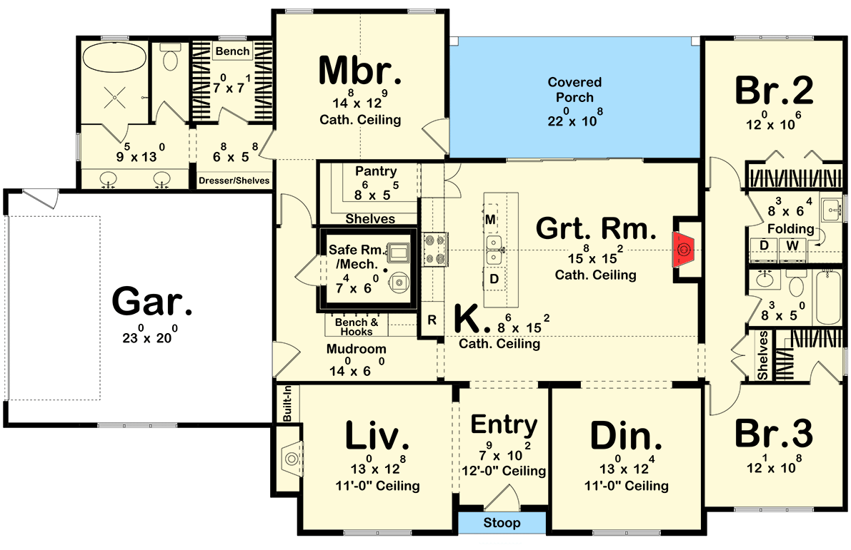 Plan 623576DJ: Charming Modern English Cottage House Plan with 3 Beds, Split Layout and Butler Pantry - Floor Plan - Main Level - Crawl/Slab Version - Contemporary, Cottage, New American, Transitional