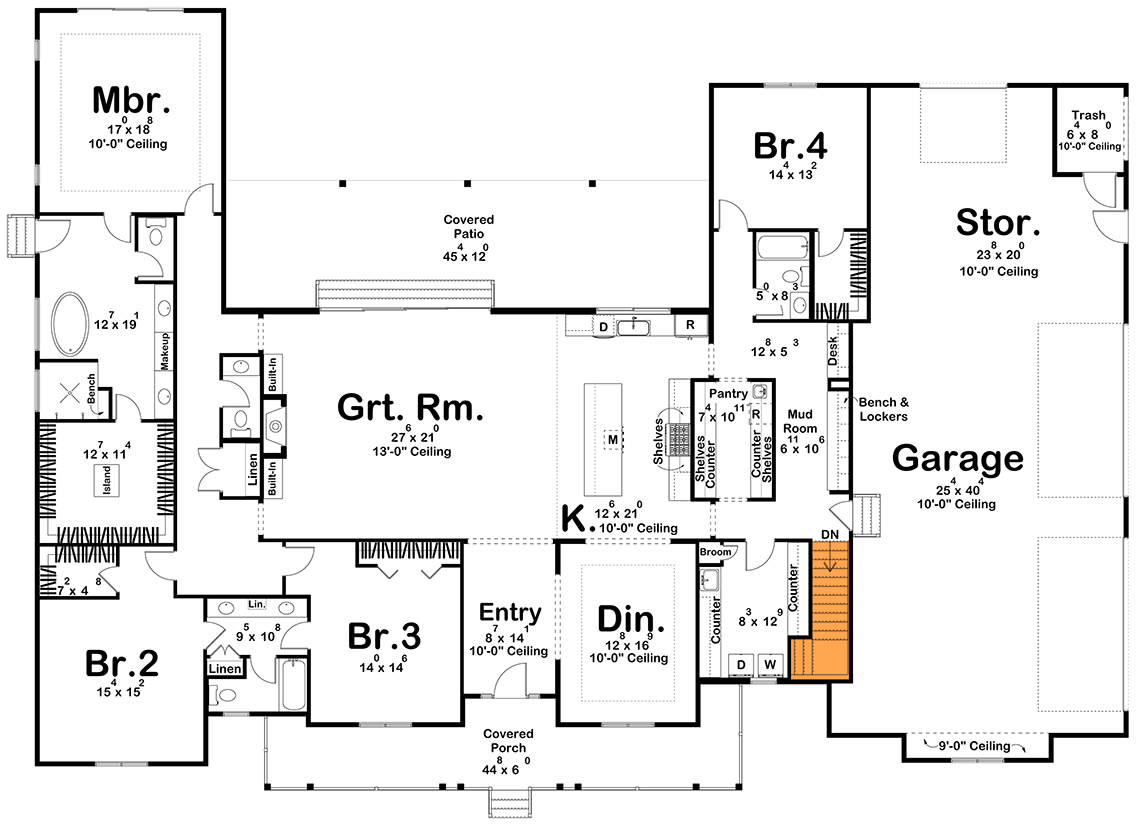 Plan 623578DJ: Spacious Modern Farmhouse House Plan with 4-Car Garage and Workshop - Floor Plan - Basement Stairs Location - Country, Farmhouse, Modern Farmhouse, Ranch, Traditional