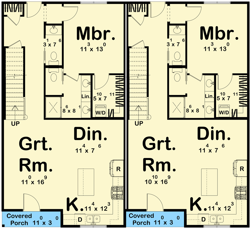Plan 623579DJ: Modern Farmhouse 8-Bedroom Duplex Plan with Expansive Great Rooms - Floor Plan - Main Level - Farmhouse, Modern Farmhouse