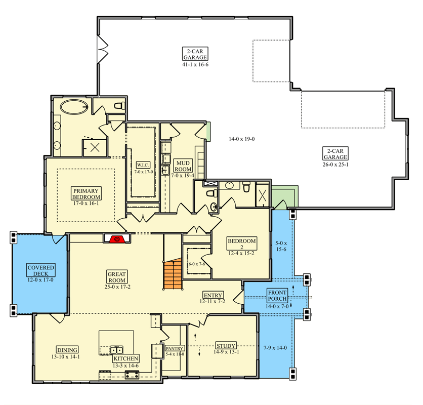Plan 95335RW: Ranch House Plan with 4-Car Garage, Study, and Flexible Lower Level - Floor Plan - Main Level - Craftsman, Mountain, Ranch