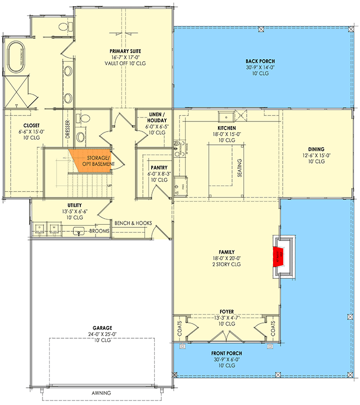 Plan 818188JSS: Modern Farmhouse House Plan with First Floor Master and Two-Story Great Room - Floor Plan - Main Level - Country, Farmhouse, Modern Farmhouse