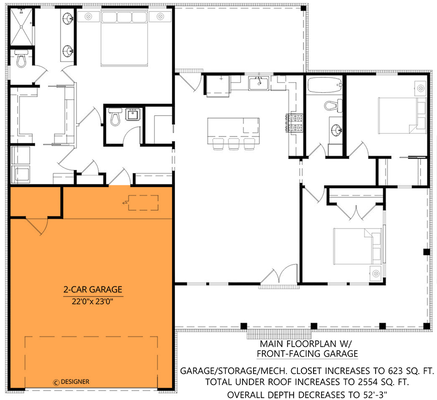 Plan 56564SM: Stylish Modern Farmhouse House Plan with Wrap-Around Porch and Optionally Finished Bonus Room - Floor Plan - Main Level - 2-Car Front Garage Option ($ Paid Option) - Country, Farmhouse, Modern Farmhouse