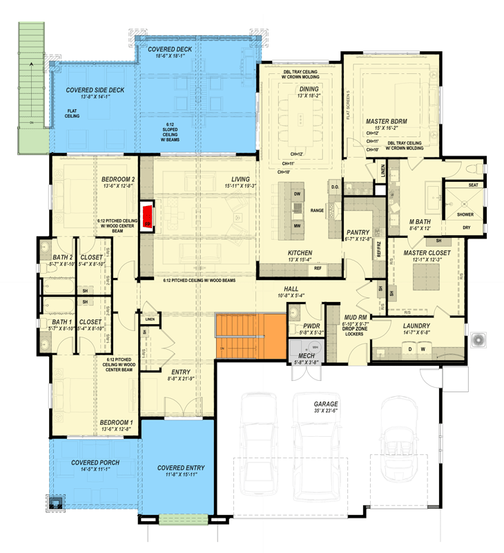 Plan 64562SC: Mountain Transitional House Plan with Walkout Basement, 3-Car Garage - Floor Plan - Main Level - Craftsman, Mountain, Northwest, Ranch, Transitional
