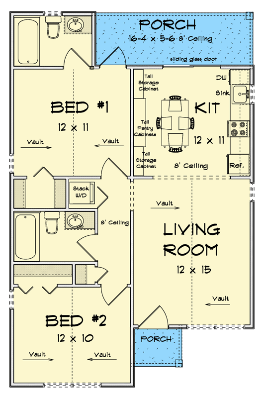 Plan 52501WM: Two-Bed Cottage House Plan with Clustered Bedroom Layout and Vaulted Ceilings - Floor Plan - Main Level - Cottage, Craftsman
