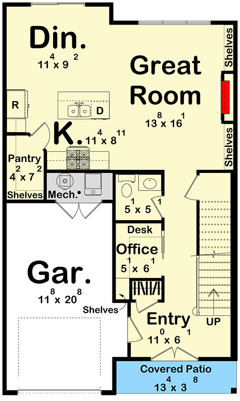 Plan 623584DJ:  3-Bedroom Modern Farmhouse Tudor House Plan with Home Office - Floor Plan - Main Level - Farmhouse, Tudor