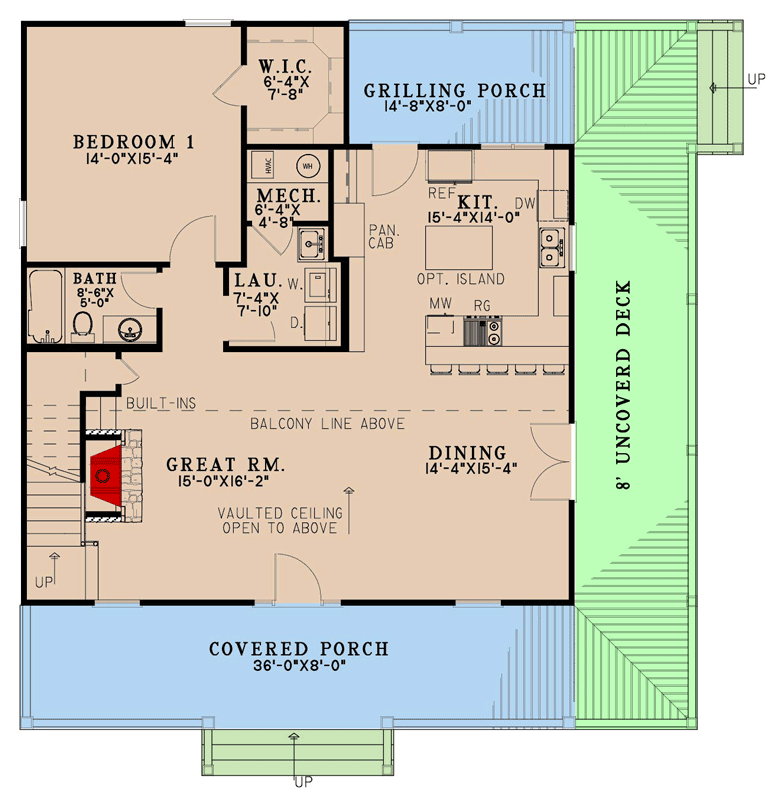 Plan 70942MK: Rustic Cottage House Plan with Wrap-Around Porch and Vaulted Great Room - Floor Plan - Main Level - Cabin, Cottage, Rustic