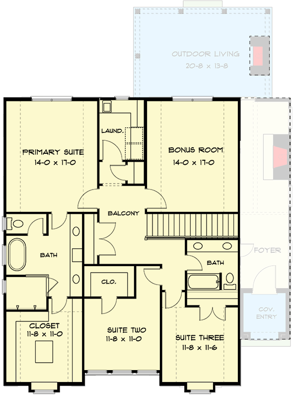 Plan 93233EL: Sophisticated 4-Bedroom Modern Tudor House Plan with Bonus Room - Floor Plan - 2nd Floor - Contemporary, European, Tudor