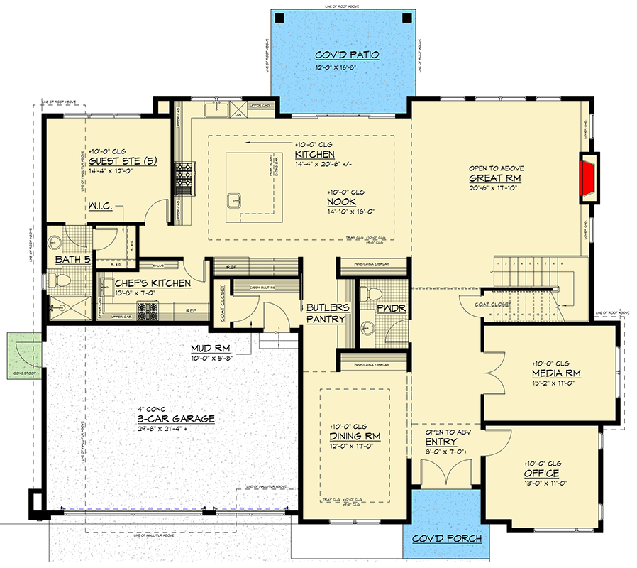 Plan 666311RAF: Sleek 5-Bedroom Northwest Contemporary House Plan with Two-Story Great Room - Floor Plan - Main Level - Contemporary, Northwest